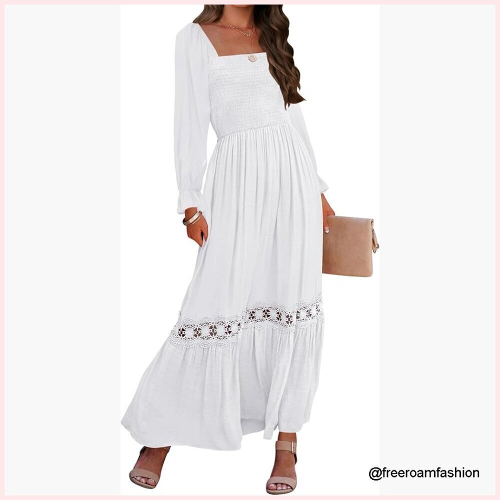 Long Sleeve Square Neck Smocked Maxi Dress, Rayon, High Waist, Backless